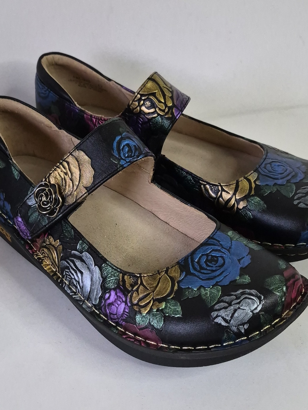 Alegria Floral Mary Jane Flats in Black with Blue, Gold, Purple and Green Roses